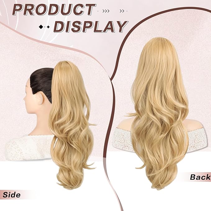Blonde Ponytail Extension, 20 Inch Drawstring Ponytail Extension for Women Long Blonde Wavy Layered Pony Tails Hair Extensions Synthetic Clip in Ponytail Hairpiece for Women(27/613)