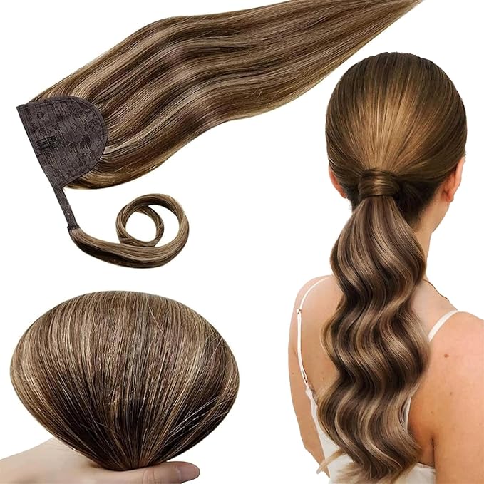 RUNATURE Ponytail Extension Human Hair, Real Hair Ponytail Extension Remy, Human Hair Ponytail Wrap Around, Remy Natural Hair Tangle Free, 18 Inch 80g #3P12 Walnut Brown Highlight Honey Blonde