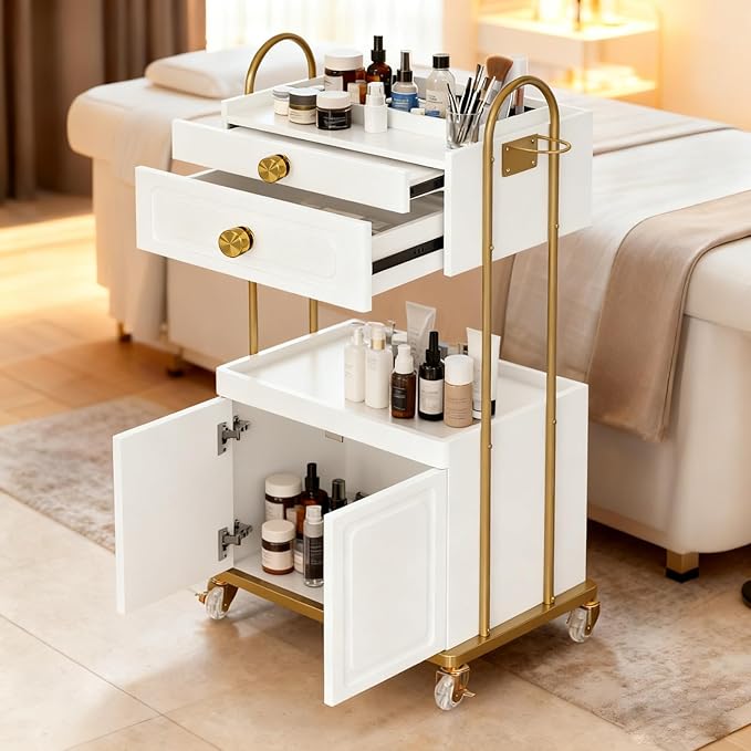 Salon Trolley Cart with Lockable Wheels, Salon Station Cabinet with Drawer & Cabinet for Hair Stylist Makeup Tool Organizer for Beauty Spa Barbershop (White&Gold)