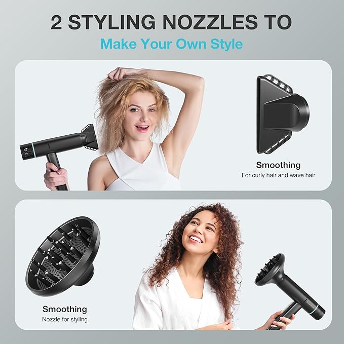 Hair Dryer, High-Speed Ionic Low Noise Blow Dryer, Powerful 1600 Watt Motor for Fast Drying and Straight & Wavy Hair, Lightweight, Professional Hairdryer with Diffuser & Nozzle for Home Salon Travel