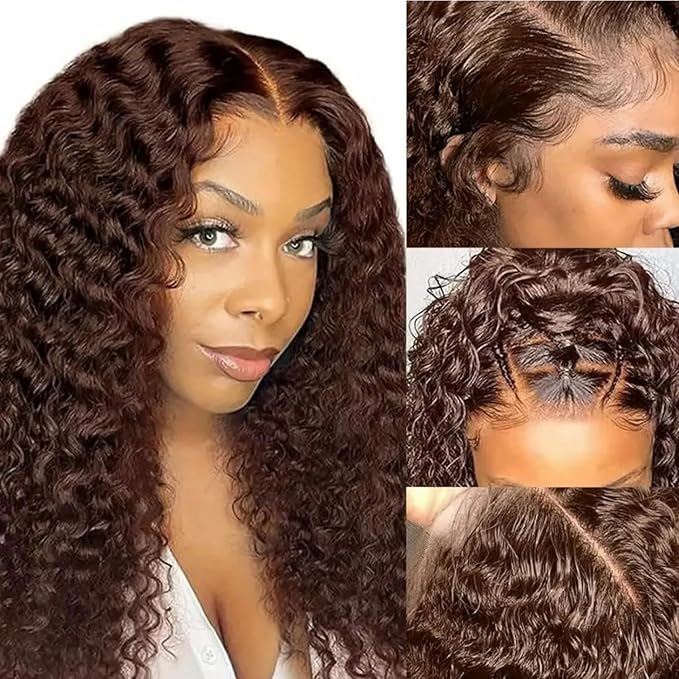 20 Inch Chocolate Brown Deep Wave Lace Front Wigs Human Hair Pre Plucked 200% Density 13x6 HD Lace Frontal Wigs with Baby Hair Deep Curly Wet and Wavy Glueless Wigs for Women (4# Brown, 20 Inch)