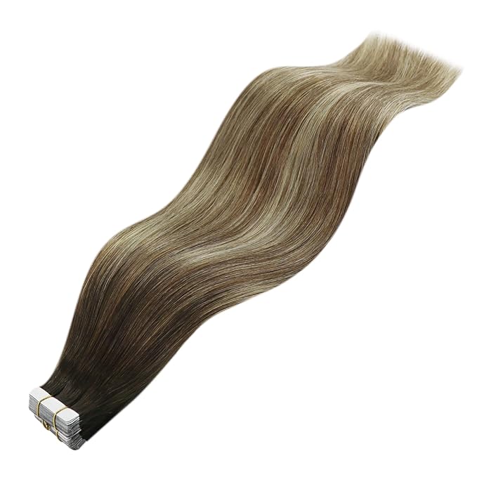 YoungSee Tape in Hair Extensions Human Hair Balayage Dark Brown Tape in Hair Extensions Dark Brown Ombre Medium Brown with Blonde Hair Extension Tape-in -Remy Hair Extension 14In 20pcs 50g
