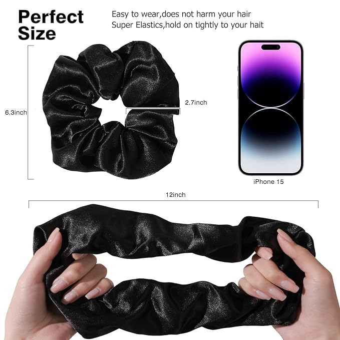 2PCS Black Extra Large Satin Scrunchies for Women Thick Hair - No Damage Hair Ties 6.3Inches Big Hair Scrunchy Oversized Thick Elastic Hair Bands Ponytail Holders Jumbo Scrunchies (Black*2)