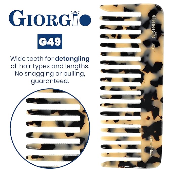 Giorgio G49 White Tokyo Wide Tooth Detangler Comb for Thick Curly Wavy Hair, Wet or Dry. Handmade Quality Cellulose, Saw-Cut, Hand Polished