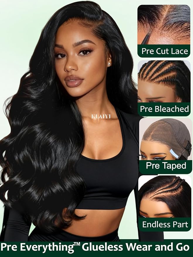 KLAIYI Loose Body Wave Pre Everything Glueless 13x4Lace Front Wig Human Hair Drawstring Precut Lace Pre Plucked Bleached Bye Bye Knots 3S Ready to Wear and Go Wig with Face Framing Curtain Bang 20Inch