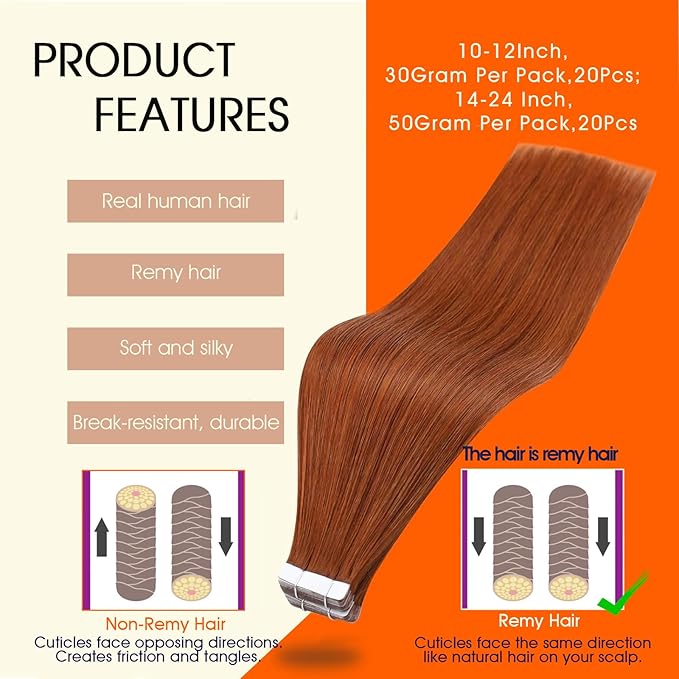 Full Shine Tape Extensions Human Hair Remy Tape in Extensions Color 550 Orange Red Adhesive Seamless Skin Weft Long Extension Add Length 18Inch 50Gram Natural Brazilian for Women 20Pcs