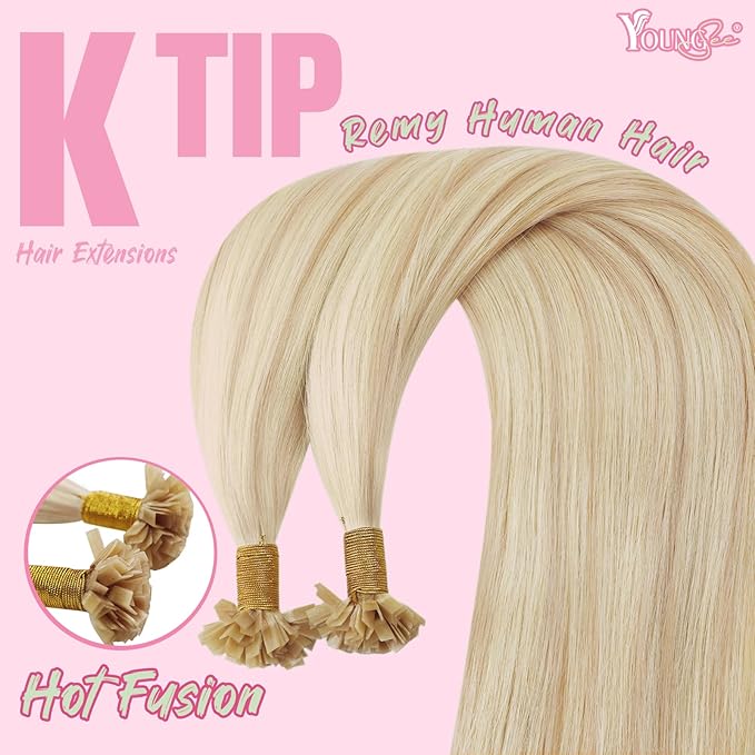 YoungSee K Tip Hair Extensions Highlight 14 Inch K Tips Hair Extensions Human Hair Ash Blonde Highlight Platinum Blonde Remy Keratin Tip Hair Extensions for Women Invisible 50g #18/613