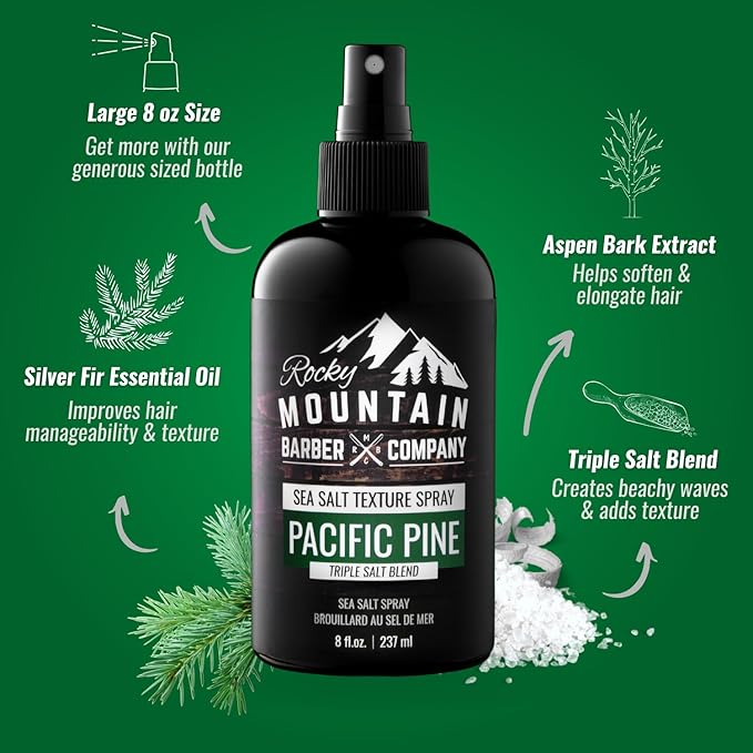 Rocky Mountain Barber Company Sea Salt Spray for Men - Adds Volume, Texture and Light Hold for All Hair Types - Triple Salt Blend - 8 oz