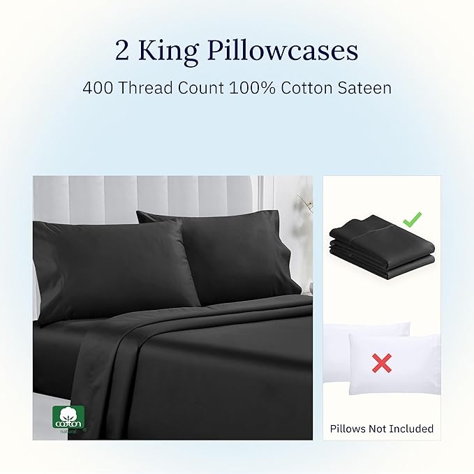 California Design Den King Size Pillowcase Set - 400 Thread Count, 100% Cotton Sateen, Set of 2 Pillow Covers, Soft and Breathable - Black