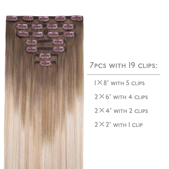 WENNALIFE Clip in Hair Extensions Real Human Hair, 14 Inch 120g 7pcs Balayage Sandy Brown to Platinum Blonde Remy Hair Natural Double Weft
