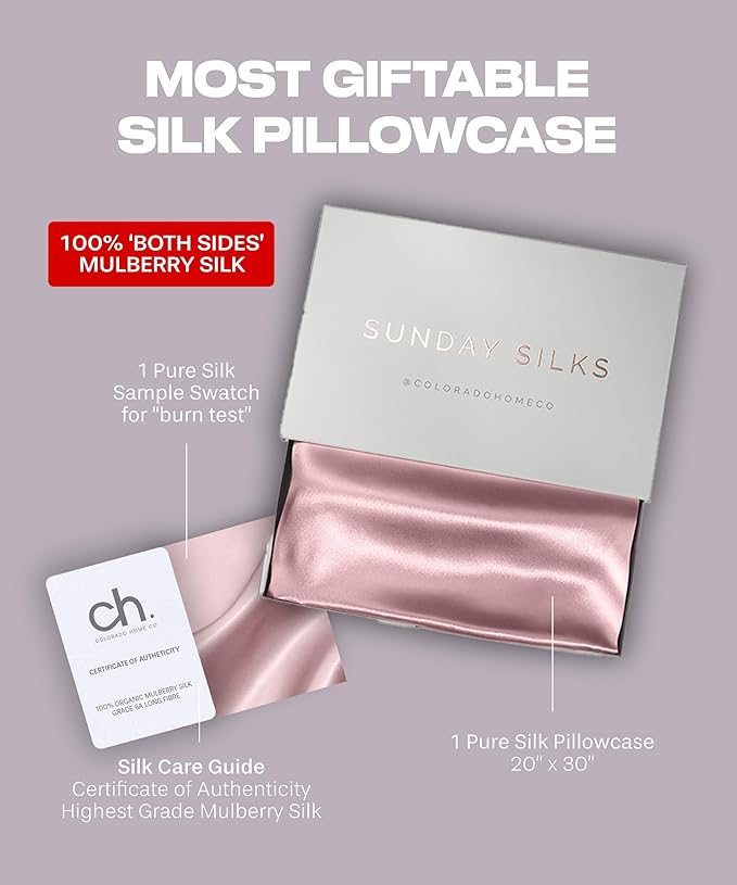 Colorado Home Co, 100% Mulberry Silk Pillowcase, King Size, Light Pink, 22 Momme, Zipper Closure, OEKO-TEX Certified