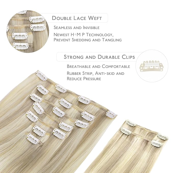 WENNALIFE Hair Extensions Clip In, 9pcs 18inch 150g Ash Blonde Highlighted Platinum Blonde Thicker Clip In Hair Extensions Real Human Hair Remy hair extension Double Weft Clip in Human Hair Extensions