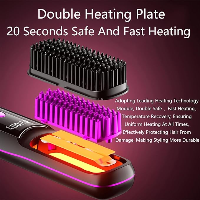 Go Brush Pro Hair Straightener – Cordless Comb with Base Negative Ion, 6000mAh Fast Heating & Portable Travel Design, Rechargeable Brush for Straightening and Curling (Black-1Pcs)