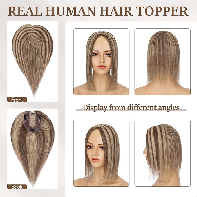 Rich Choices Hair Toppers for Women Real Human Hair 100% Human Remy Toppers NO Bangs with Thinning on Top Clip in Hairpiece 4"x4.7"Lace Base 16 Inch #4P27 Medium Brown Highlights Dark Blonde