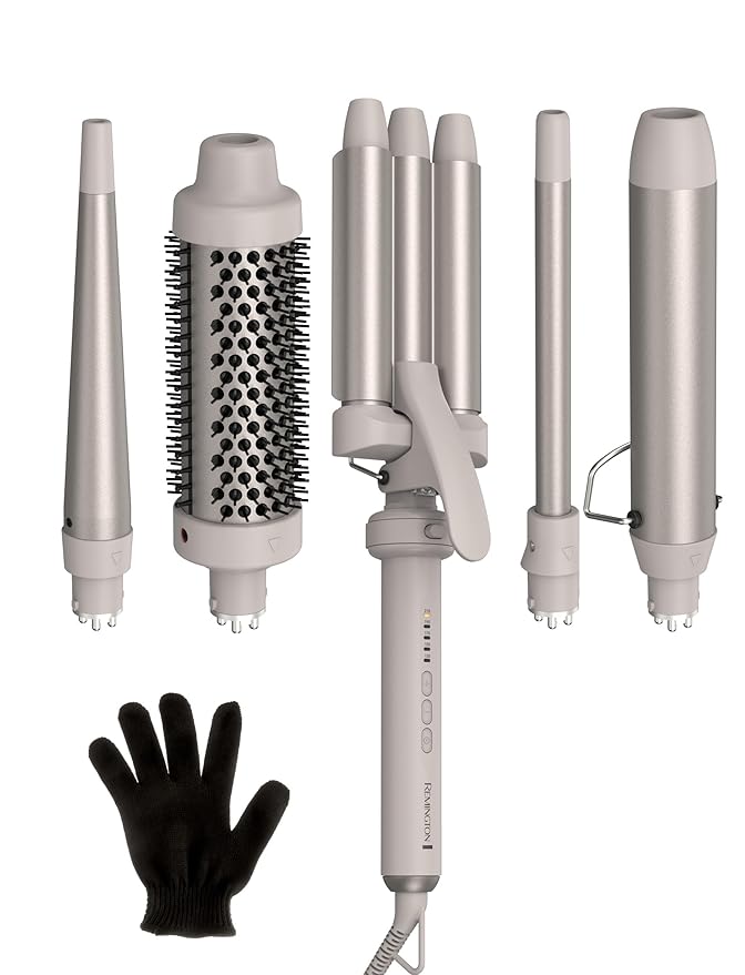 Remington Trendology 5-in-1 Multi-Styler Curling Wand Set with Ceramic Round Brush and 4 Interchangeable Ceramic Curling Wands (0.5“-1.25”)