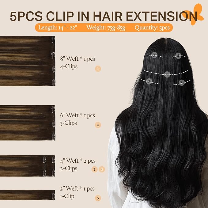 DOORES Clip in Hair Extensions Human Hair, 5pcs 80g Balayage Dark Brown to Chestnut Brown 20 Inch Hair Extensions Clip in Human Hair Straight