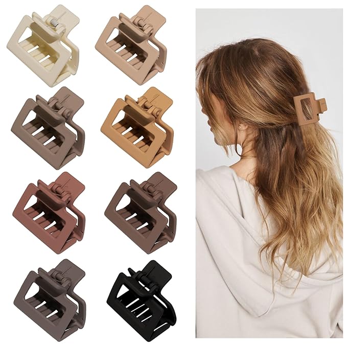 Cobinaan Medium Matte Rectangle Claw Hair Clips for Women Girls, 2 x 1 x 1.8 inch, 8pcs Warm Color, Nonslip Hair Jaw Clips for Thin/Medium Thick Hair