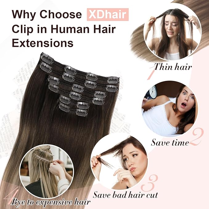XDhair Human Hair Clip in Extensions 22 Inch 120g 6pcs Balayage Clip in Hair Extension Ombre Hair Extensions Clip ins Dark Brown to Dirty Blonde #2/6/18