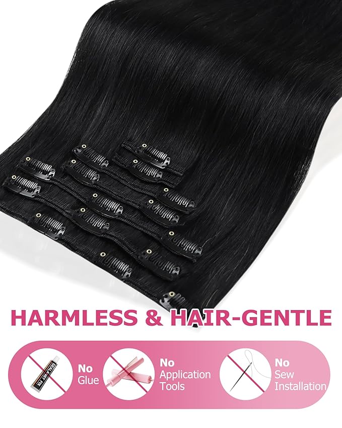 YoungSee 120G Black Clip in Hair Extensions Human Hair Clip in Extensions Jet Black Real Hair Extension Clip ins Human Hair for Women Short Hair Extension Straight 7Pcs 14Inch