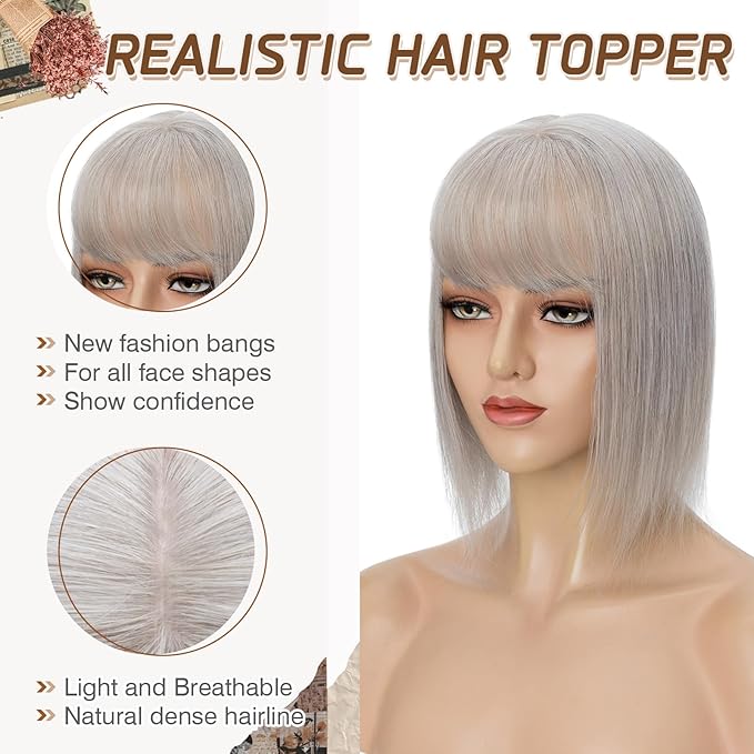 Rich Choices Real Human Hair Toppers for Women With Bang 100% Remy Human Hair Topper for Thinning Hair Clip in Silk Base Hair Topper 14 Inch GREY