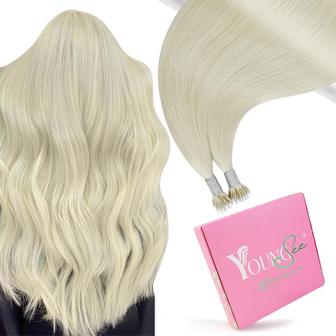 YoungSee Nano Ring Hair Extensions Human Hair Platinum Blonde 26inch Nano Bead Hair Extensions Human Hair Blonde Nano-Ring Hair Extension Blonde Nano-Link Extension Real Human Hair for Long 50s 50g