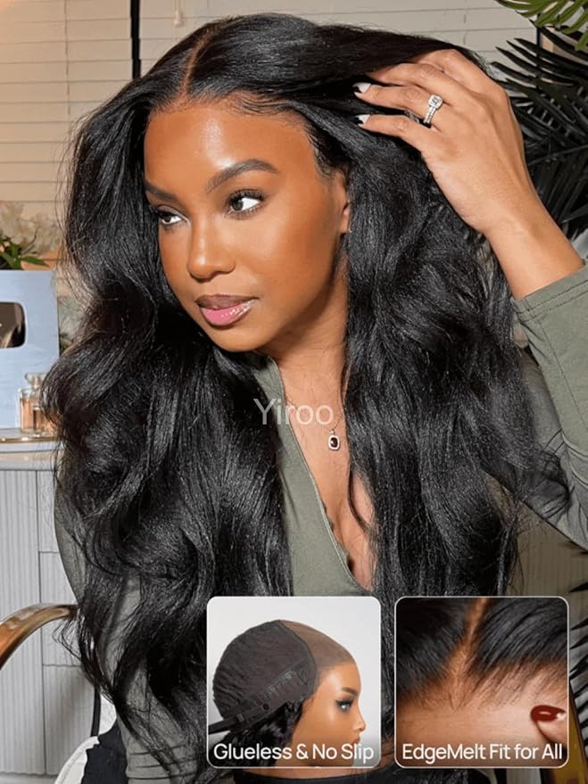 YIROO No Slip 7x5 Bye Bye Knots Yaki Straight Lace Front Glueless Drawstring Wig Human Hair with Deep Stretch Cap Fits All Head Sizes,Pre-Plucked Pre-Cut Wear and Go Wig for Women 150% Density 26Inch
