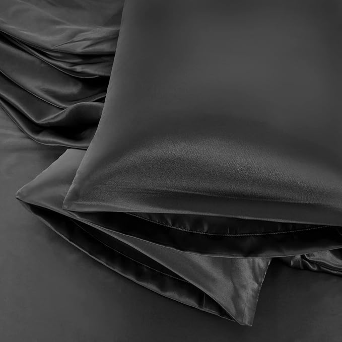 Aormenzy Satin Pillow Cases for Women Queen Size Set of 2, Black Satin Pillowcase for Hair with Envelope Closure Silky Pillow Covers Wrinkle, Fade Resistant (20x30 Inches)