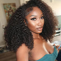 WOWANGEL Kinky Curly Half Wig Human Hair 180% Density Flexi-Fit Invisi 3 in 1 Wigs Flip Drawstring Wig Glueless Wear and Go Headband Wig 100% Human Hair for Women, Natural Black, 18 Inch