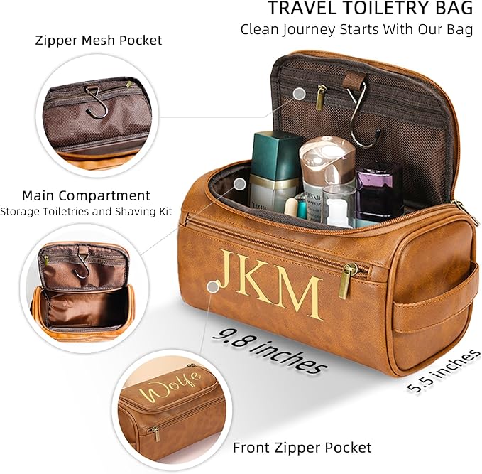 Personalized Toiletry Bag for Men, Engraved Name Initials Toiletry Bag, Customized Monogram Travel Shaving Dopp Kit for Groomsmen, Gift for Christmas, Birthday, Dad, Husband (Brown)