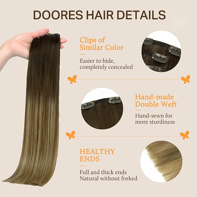 DOORES Hair Extensions Clip in Human Hair, Balayage Dark Brown to Chestnut Brown and Dirty Blonde 100g 14 Inch 7pcs, Remy Clip in Extensions Real Natural Straight Weft