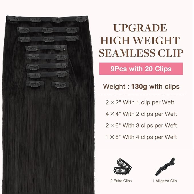 GOO GOO Clip in Hair Extensions Real Human Hair, Remy Human Hair Extensions Clip ins for Women, Natural Human Hair, 16inch 160g 9Pcs, #1B Natural Black