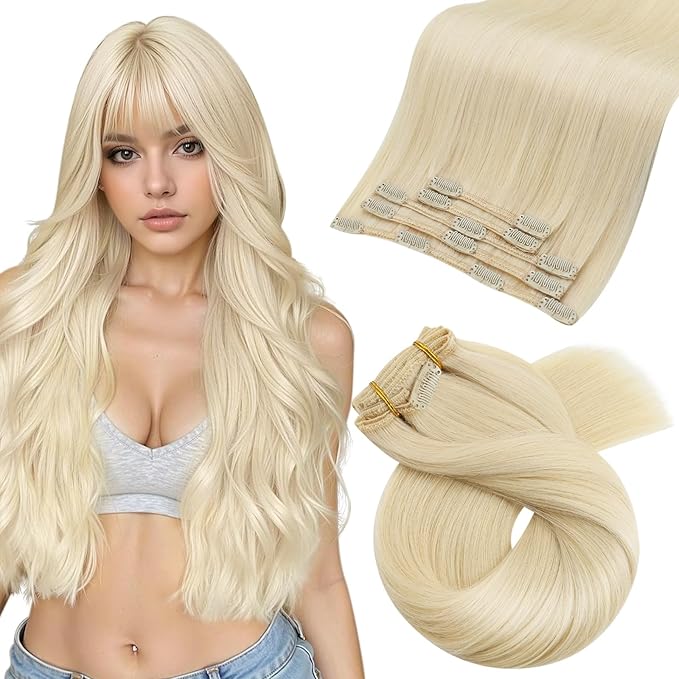 Moresoo Clip in Hair Extensions Real Human Hair Double Weft Human Hair Clip in Extensions Straight Golden Platinum Blonde #60 5pcs 80g 18inch