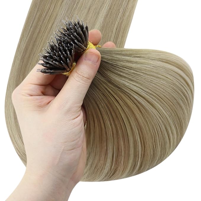 YoungSee Nano Ring Hair Extensions Human Hair Ombre Blonde Nano Extensions Human Hair Balayage Ash Blonde Ombre Platinum Blond Nanobead Hair Extension Ombre 16Inch 1g/s 50G 50S