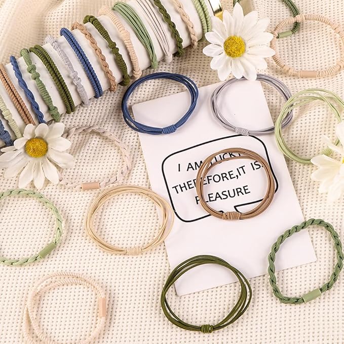 DIYDEC 32PCS Boho Hair Bracelets for Women Elastic Bracelets Hair Ties No Damage Hair Bands for Girls Thick Thin Long Curly Hair Accessories(B Style)