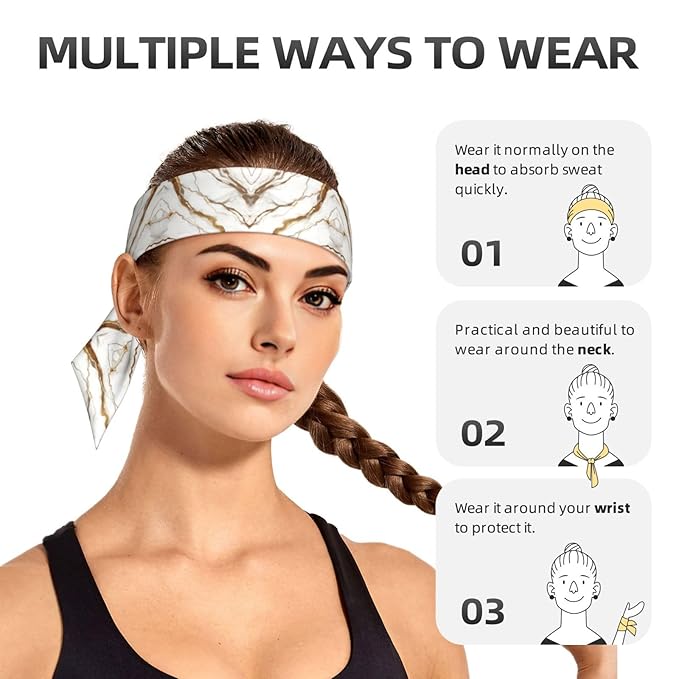 Men Women Fashion Sports Sweat Band Hair Accessories for Sports Workout Shower, Long Multifunction Gold White Marble Art Head Ribbon Headwear