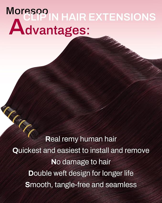 Moresoo Dark Red Clip in Hair Extensions Real Human Hair Red Human Hair Extensions Clip ins Burgundy Short And Straight 80g/5pcs 10 inch