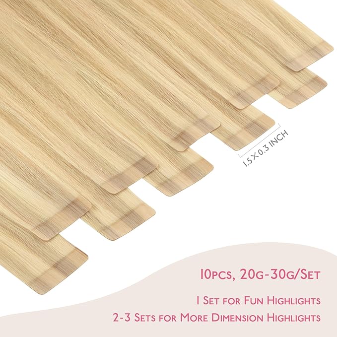 WENNALIFE Tape in Hair Extensions Human Hair Light Blonde Highlighted Golden Blonde Tape in Extensions, 10pcs 30g 22 inch Remy Invisible Tape Ins Straight Soft Real Human Hair Tape in Extensions
