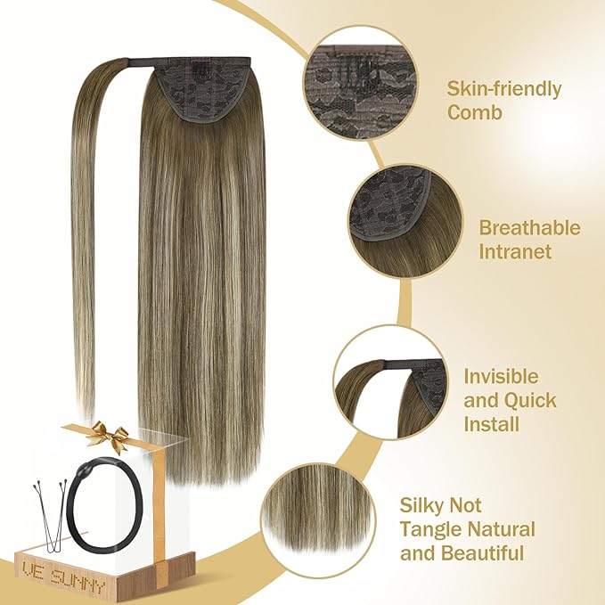 Ve Sunny Hair Extensions Ponytail Real Human Hair Wrap Around Clip in Ponytail Hair Extensions Straight Extensions Human Hair for Women Walnut Brown Ombre Light Brown Balayage Blonde 18inch 80G
