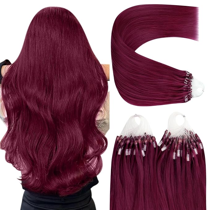YoungSee Micro Bead Hair Extensions Human Hair Magenta Microlink Hair Extensions 24 Inch Micro Loop Hair Extension Real Human Hair Rosein 50s/50g for Party