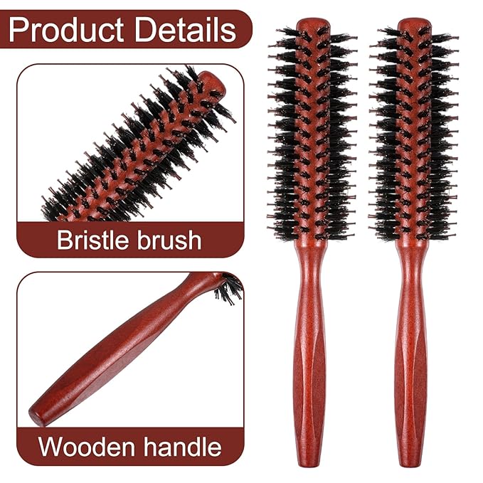 2 Pack Small Round Hair Brush Boar Bristle Roller Hairbrush Wooden Handle Volumizing Hair Brush for Blow Drying Short Thin Fine Hairs Styling Women Curling Bangs Men Beard Travel Household