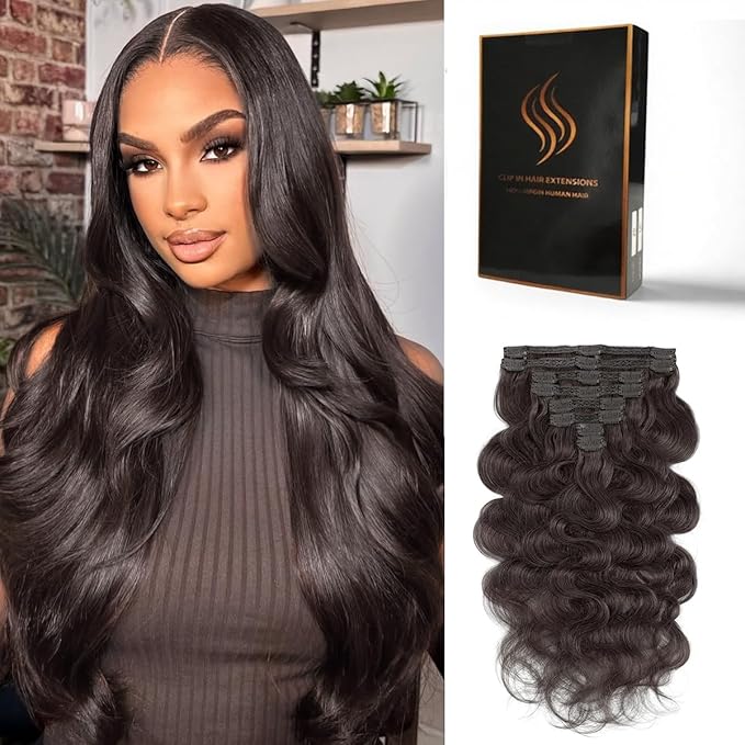Clip in Hair Extensions Real Human Hair Body Wave 2 Dark Brown Clip in 100% Brazilian Remy Human Hair Extensions 8pcs Per Set with 18 Clips Double Weft 16 Inch 90g/3.6oz
