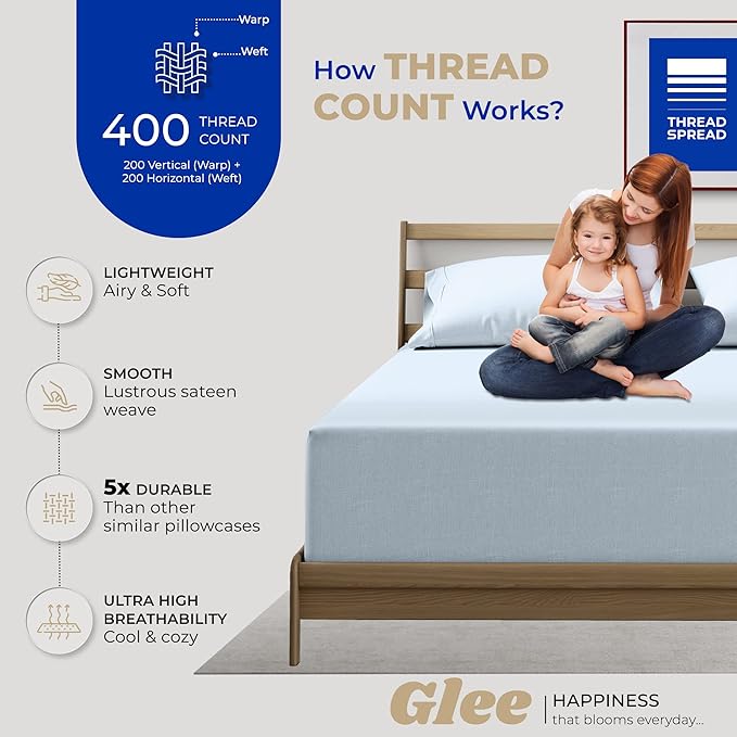 THREAD SPREAD 100% Cotton King Size Pillow Cases Set of 2-400 Thread Count Pillow Cases King Size Set of 2 (Light Blue), Luxuriously Soft Hotel Quality Sateen Weave Pillowcases, Crisp & Cool