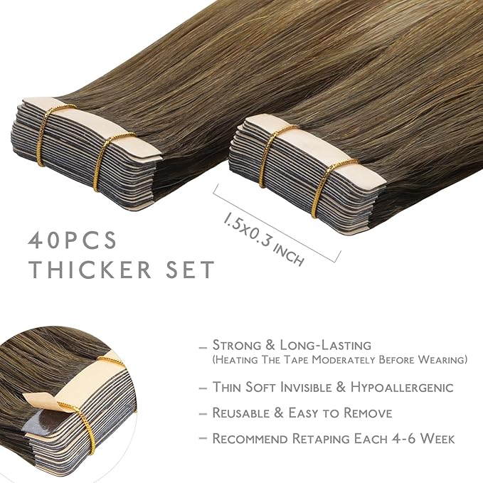 WENNALIFE Tape in Hair Extensions Human Hair, 40pcs 100g 22 inch Ombre Walnut Brown to Ash Brown and Bleach Blonde Hair Extensions Real Human Hair Straight Tape in Extensions Real Human Hair Extension