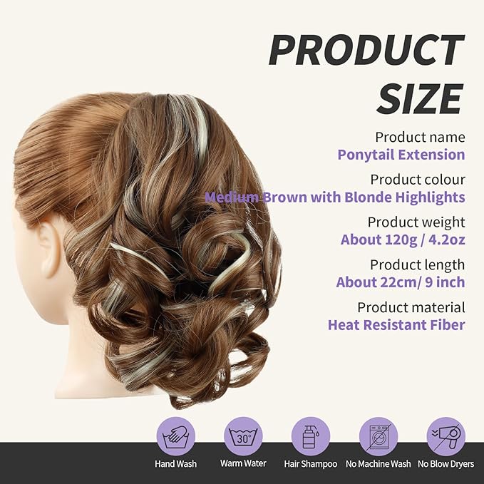 Brown Ponytail Extensions,9" Short Curly Wavy Claw Clip in Ponytails Hair Extensions Natural Soft Synthetic Hairpiece for Women
