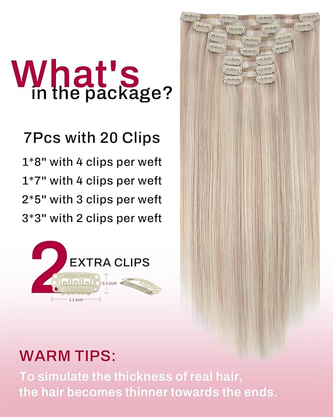 Moresoo Human Hair Clip in Extensions Blonde Highlights Real Hair Extensions Clip ins Thick to Add Volume for Women Ash Blonde with Bleach Blonde Double Weft 150g/7pcs 20 inch
