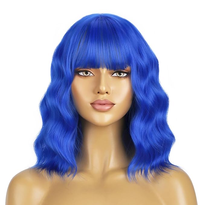 BERON 14 Inches Dark Blue Wig Short Curly Wig Women Synthetic Wigs Blue Wigs with Bangs Hairnet Included