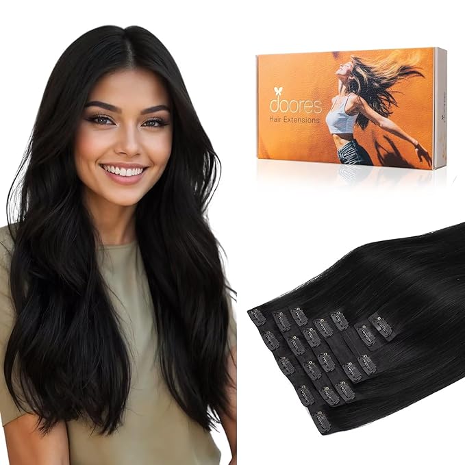 DOORES Clip in Human Hair Extensions, Jet Black 130g 9pcs 14 Inch, Thick Seamless Hair Extensions Clip ins Natural Straight Remy Weft