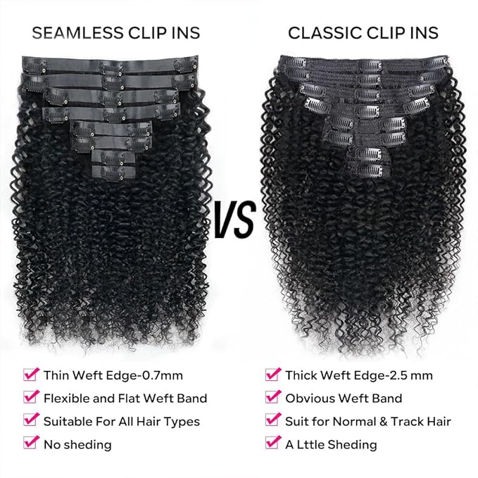 Seamless Curly Clip in Hair Extensions Real Human Hair Brazilian Virgin Human Hair Clip in Extensions 8Pcs Seamless Clip ins for Black Women with 18Clips PU Skin Weft 120g 16inch Natural Black