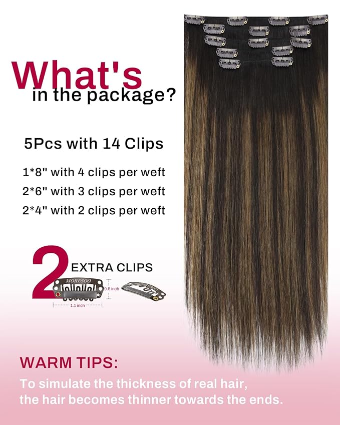 Moresoo Brown Balayage Clip in Hair Extensions Dark Brown to Chestnut Ombre Clip in Extensions Real Human Hair Short for Women Remy Human Hair Double Weft 80g/5pcs 14 inch