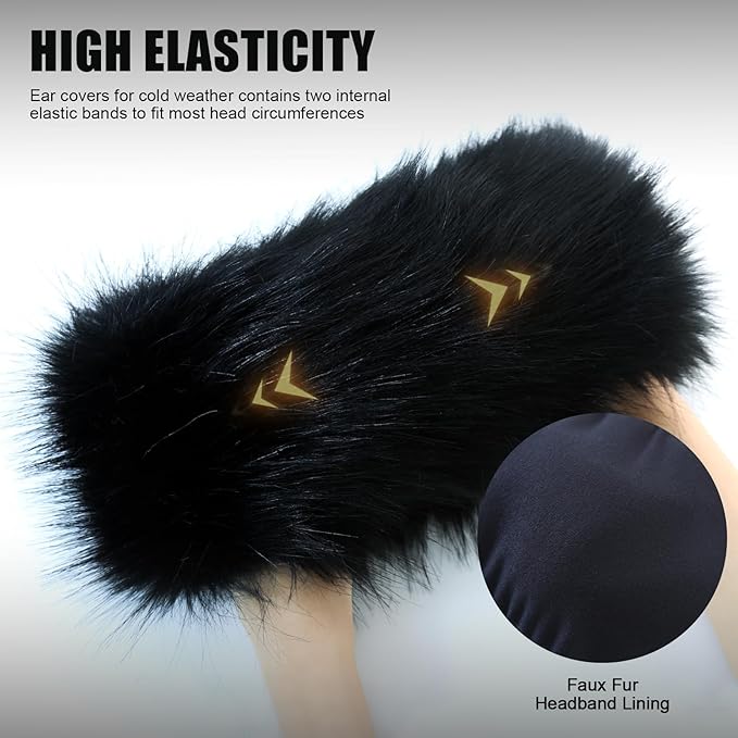 Faux Fur Headband for Women Elastic Fuzzy Thick Earmuffs Winter Headwrap Ear Muffs Furry Ear Warmers Cold Weather (Black)